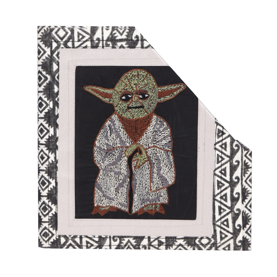 INDHA Black & White Magazine Holder with Hand Embroidered Impression Of Yoda | Corporate Gifting | Home Utility | Handmade