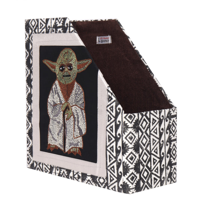 INDHA Black & White Magazine Holder with Hand Embroidered Impression Of Yoda | Corporate Gifting | Home Utility | Handmade