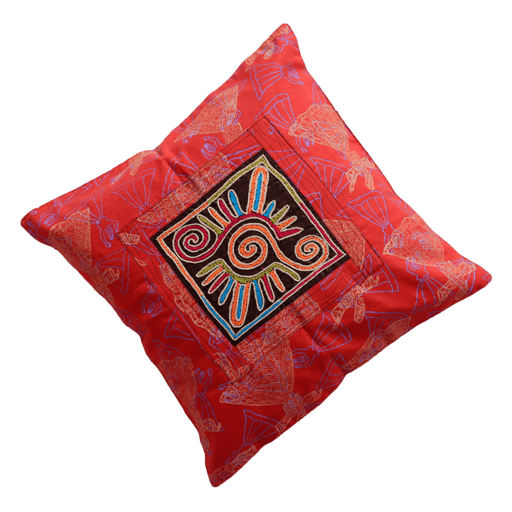 Red Cotton Hand Block Printed Hand of Fatima Embroidery Motif 16" Cushion Covers Set of 2