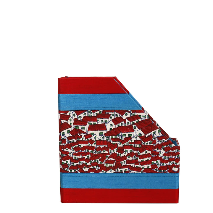 INDHA Maroon And White Huts Motif |Designer Hand Block Printed Magazine Holder | Sky Blue And Red Dupion Silk Magazine Holder | Foldable Magazine Holder | Home Utility | Office Utility | Desk Organizer