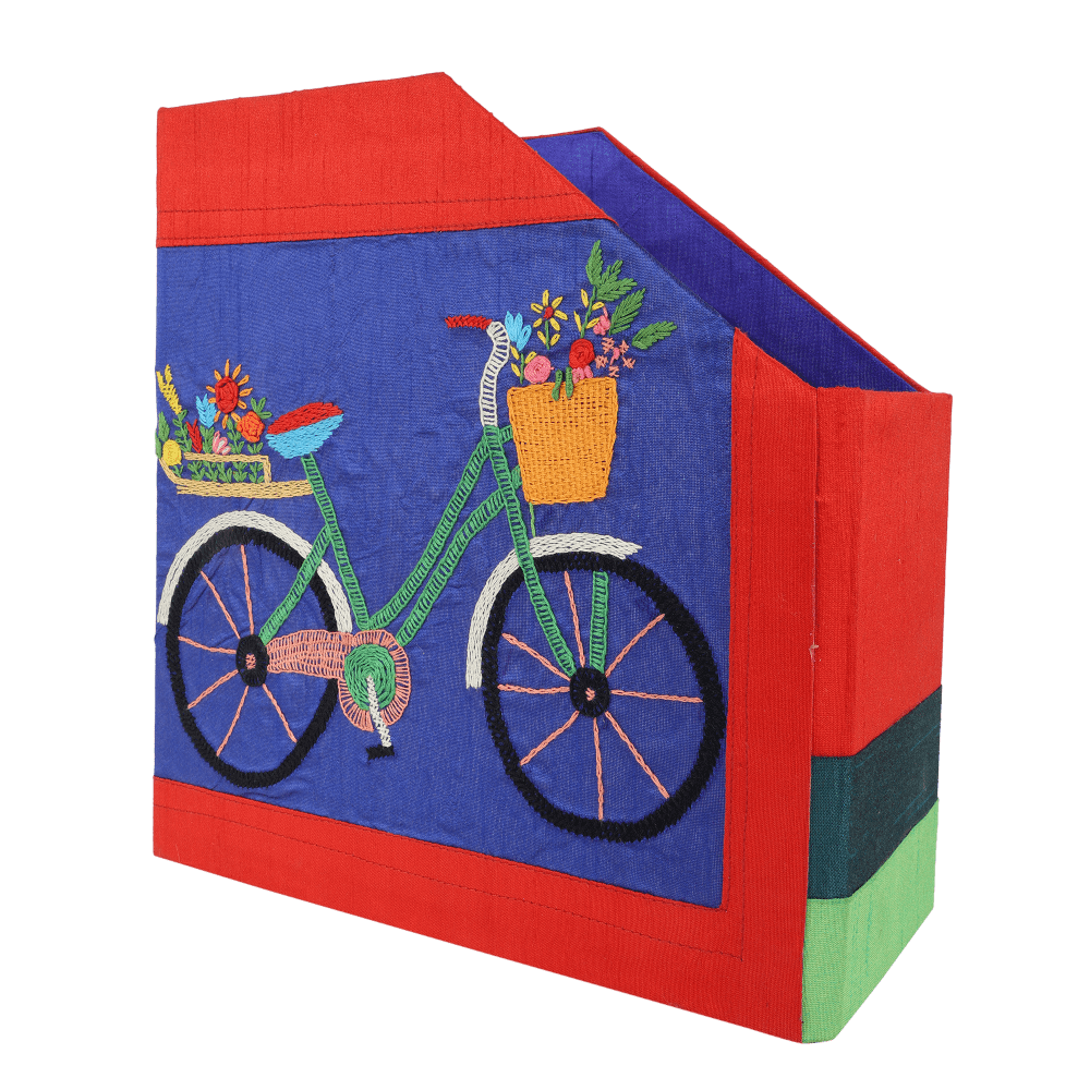 INDHA Handcrafted Magazine Holder | Red And Blue Dupion Magazine Holder | Hand Embroidered Chain Stitch Work Multicolor Cycle Design | Hand Embroidered Magazine Holder | Foldable Magazine Holder | Home Utility | Office Utility |