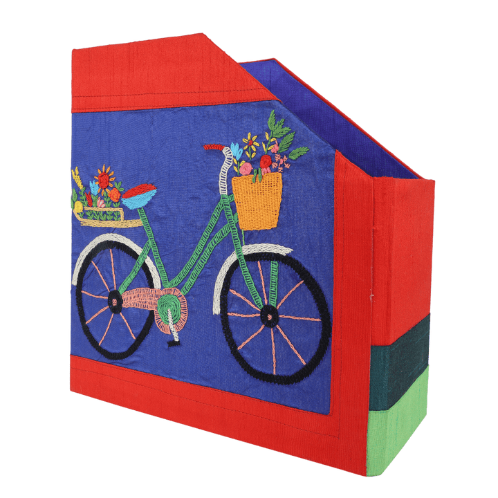 INDHA Handcrafted Magazine Holder | Red And Blue Dupion Magazine Holder | Hand Embroidered Chain Stitch Work Multicolor Cycle Design | Hand Embroidered Magazine Holder | Foldable Magazine Holder | Home Utility | Office Utility |