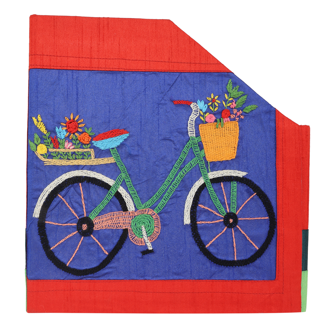 INDHA Handcrafted Magazine Holder | Red And Blue Dupion Magazine Holder | Hand Embroidered Chain Stitch Work Multicolor Cycle Design | Hand Embroidered Magazine Holder | Foldable Magazine Holder | Home Utility | Office Utility |