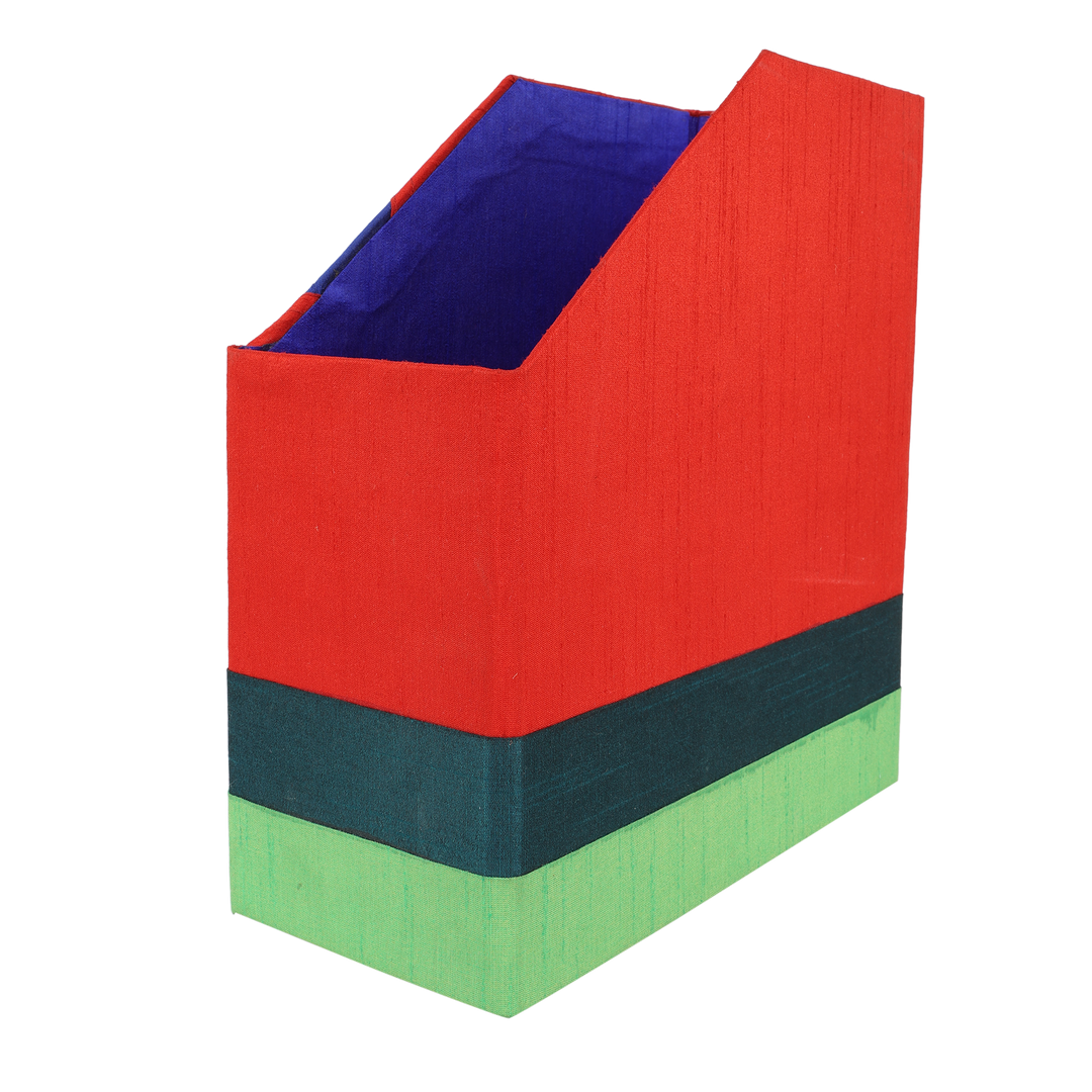 INDHA Handcrafted Magazine Holder | Red And Blue Dupion Magazine Holder | Hand Embroidered Chain Stitch Work Multicolor Cycle Design | Hand Embroidered Magazine Holder | Foldable Magazine Holder | Home Utility | Office Utility |