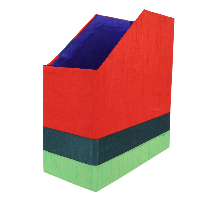 INDHA Handcrafted Magazine Holder | Red And Blue Dupion Magazine Holder | Hand Embroidered Chain Stitch Work Multicolor Cycle Design | Hand Embroidered Magazine Holder | Foldable Magazine Holder | Home Utility | Office Utility |