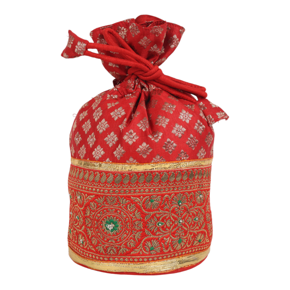 Indha Maroon Brocade Potli with Elegant Lace Border – A Rich, Timeless Accessory for Celebrations, Weddings, and Festive Occasions. Indha Handcrafted Maroon Brocade Potli with Elegant Lace Border