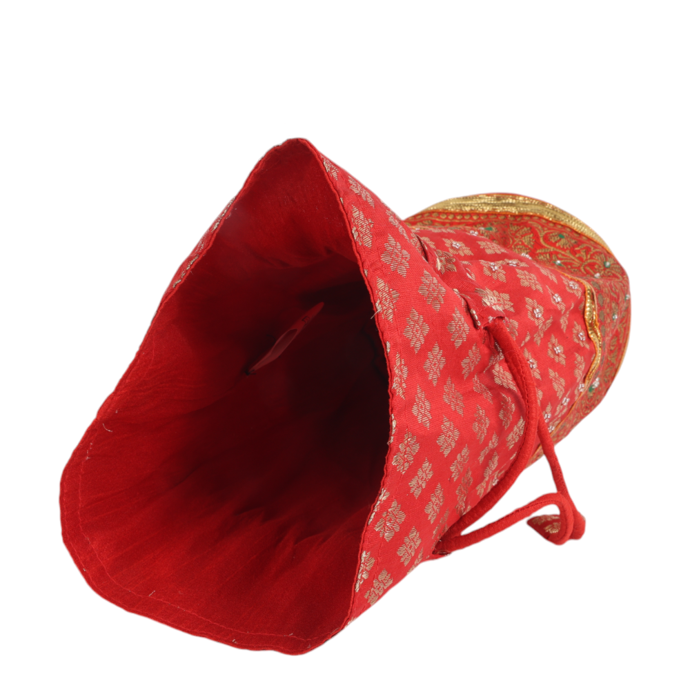 Indha Maroon Brocade Potli with Elegant Lace Border – A Rich, Timeless Accessory for Celebrations, Weddings, and Festive Occasions. Indha Handcrafted Maroon Brocade Potli with Elegant Lace Border