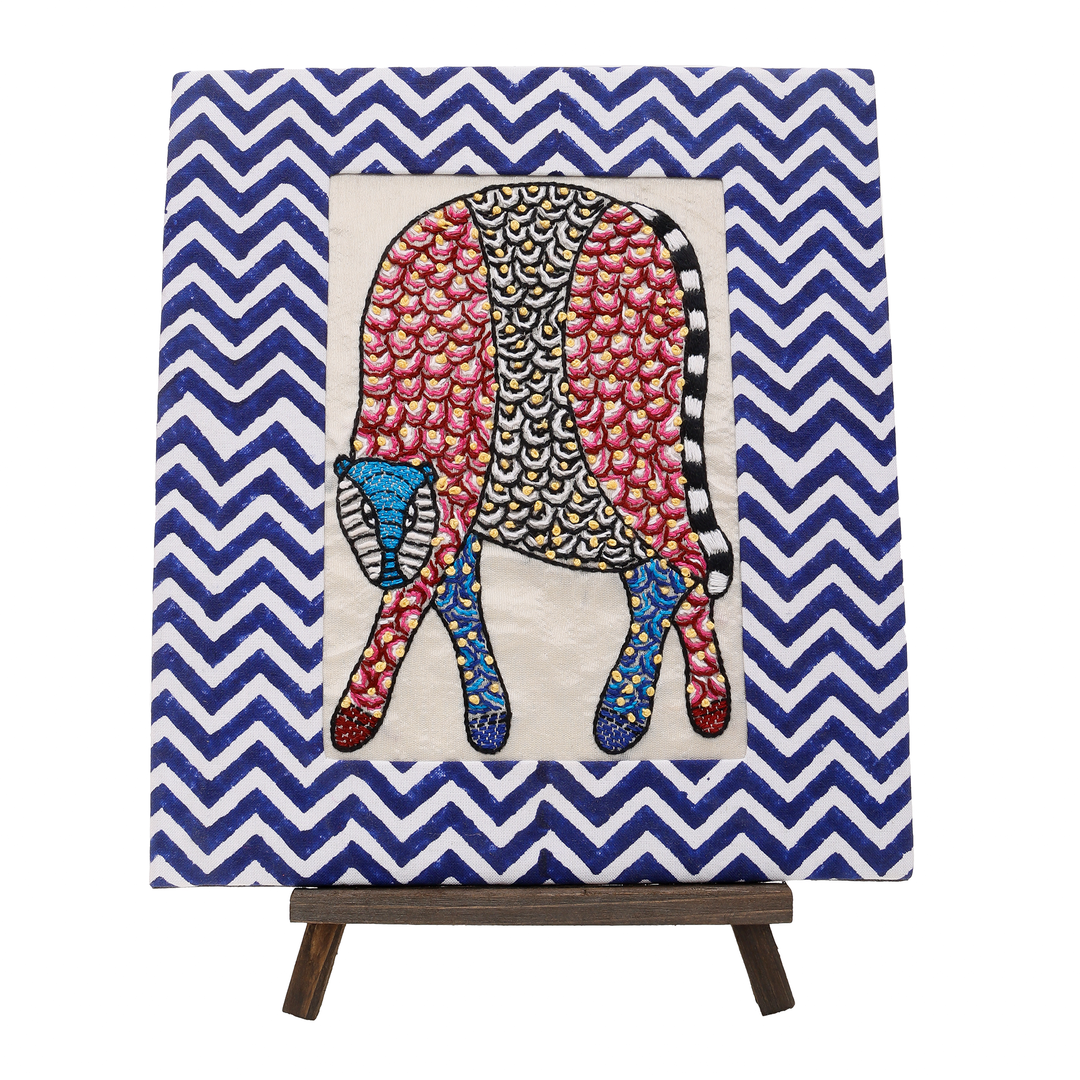 Indha Hand-Embroidered Gond Leopard – Textile Art with Hand Block-Printed Frame & Mini Wooden Easel