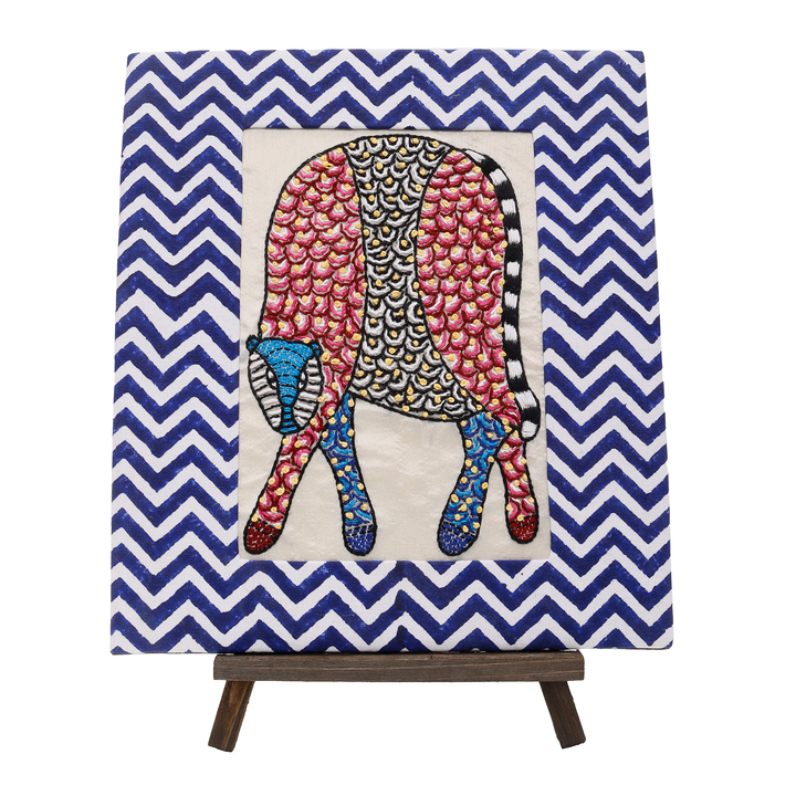 Indha Hand-Embroidered Gond Leopard – Textile Art with Hand Block-Printed Frame & Mini Wooden Easel