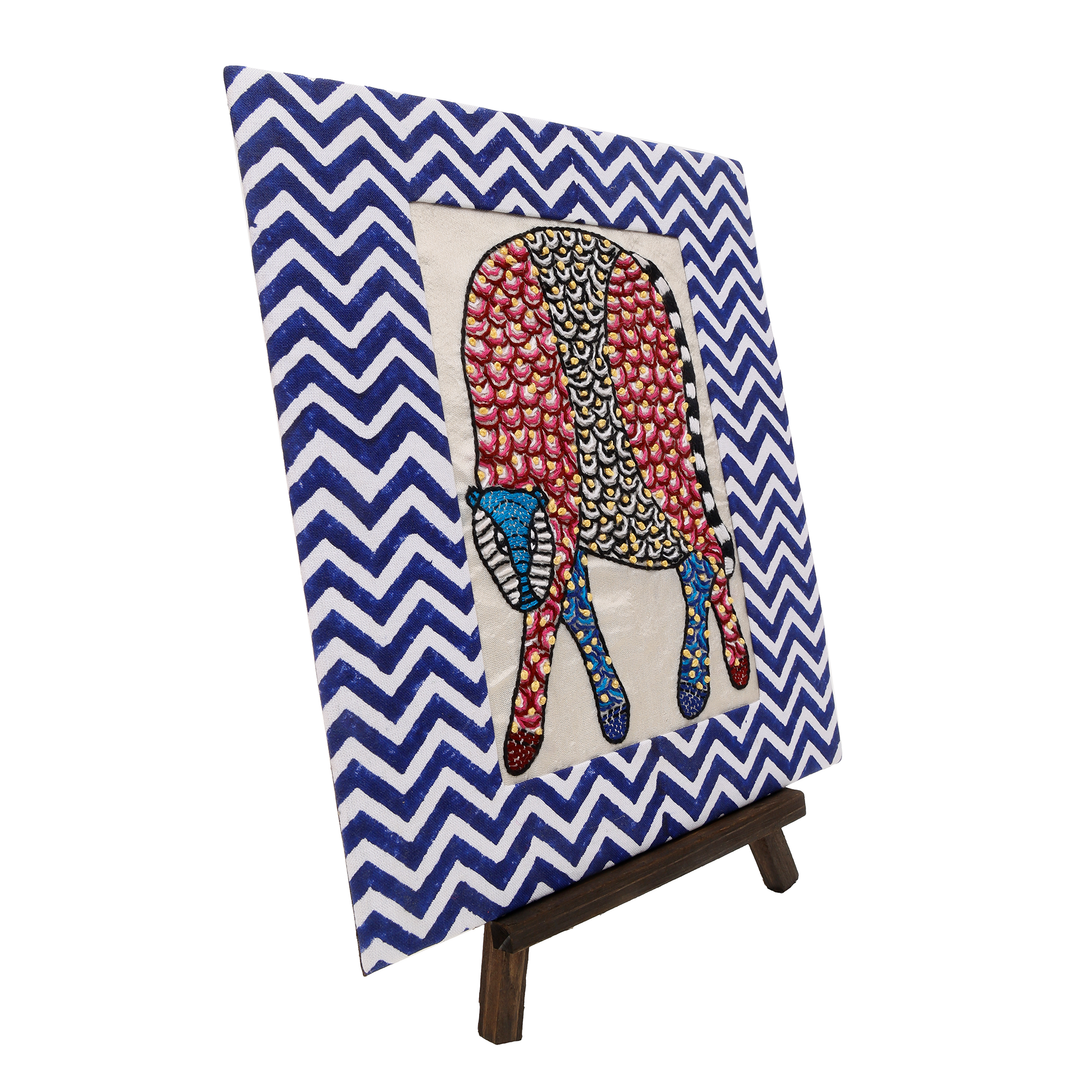 Indha Hand-Embroidered Gond Leopard – Textile Art with Hand Block-Printed Frame & Mini Wooden Easel