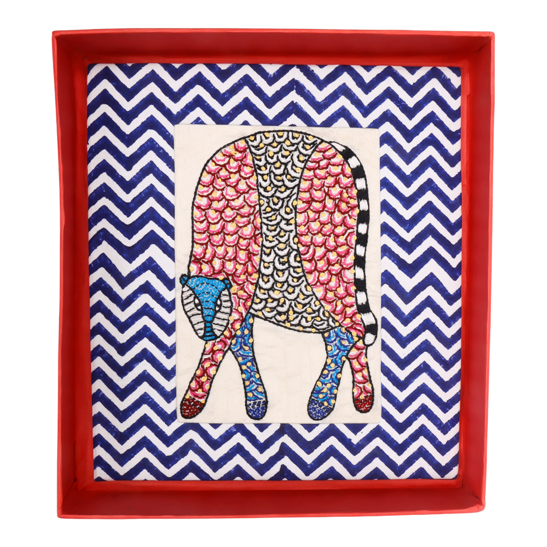 Indha Hand-Embroidered Gond Leopard – Textile Art with Hand Block-Printed Frame & Mini Wooden Easel