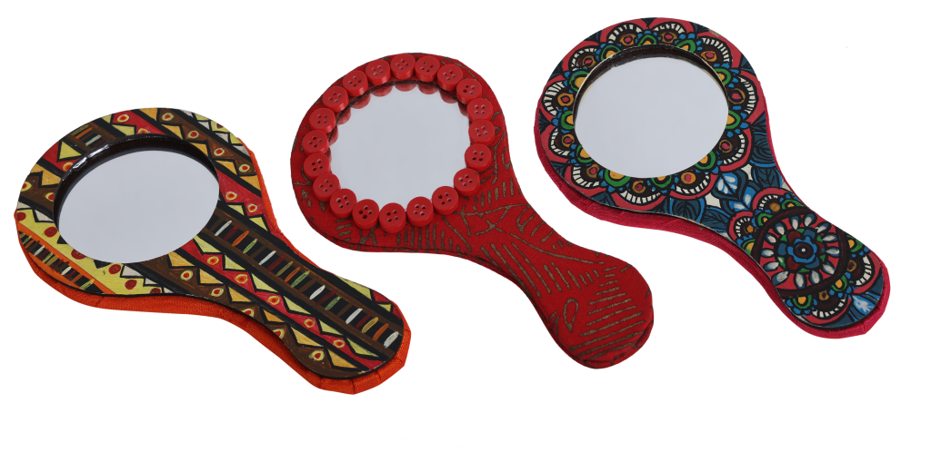 Indha Handcrafted Round Hand Held Mirror |Hand Block Printed Hand | Makeup |Travelling |Salon Mirror | Decorative Mirror |Wedding Gift