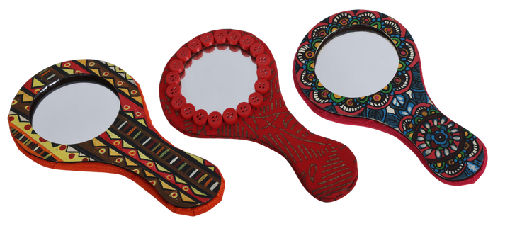 Indha Handcrafted Round Hand Held Mirror |Hand Block Printed Hand | Makeup |Travelling |Salon Mirror | Decorative Mirror |Wedding Gift
