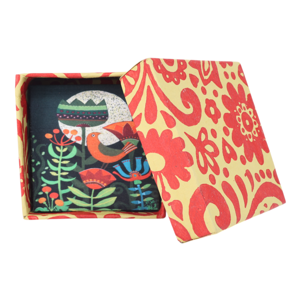 Indha Nature’s Harmony Coaster Set – Tree &amp; Bird Design on Dupion Silk, Set of 6, Ideal for Dining &amp; Decor