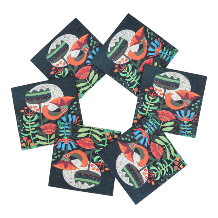 Indha Nature’s Harmony Coaster Set – Tree &amp; Bird Design on Dupion Silk, Set of 6, Ideal for Dining &amp; Decor