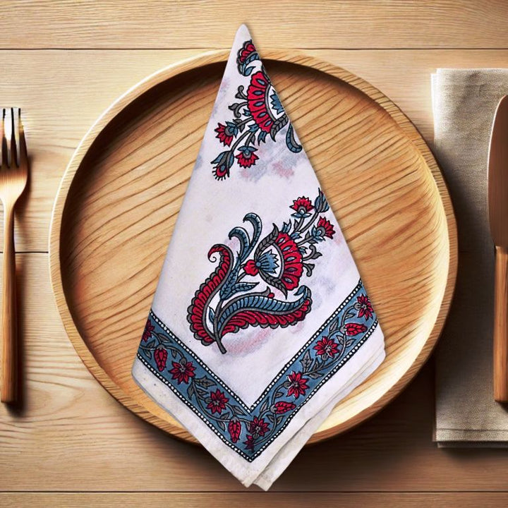 Hand Block Printed White Cotton Napkin Set (Pack of 6) | Exquisite Gift for Home &amp; Office Celebrations
