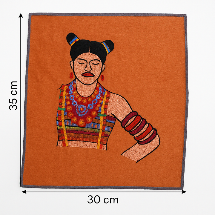 Indha Tribal Girl Hand Embroidery Panel – Bold Folk Motif on Dupion Silk | DIY Decor | Artisan Gift