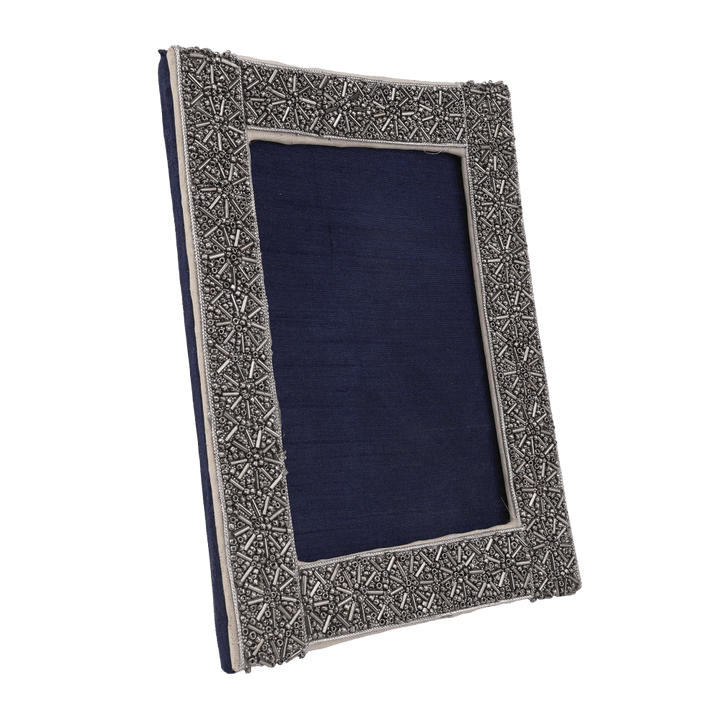 Indha Handcrafted Wooden Photo Frame | Unique Design Photo Frame | Picture Frame | Decorative Photo Frame | Silver Glass Beads Photo Frame | Zardozi Work Embroidery