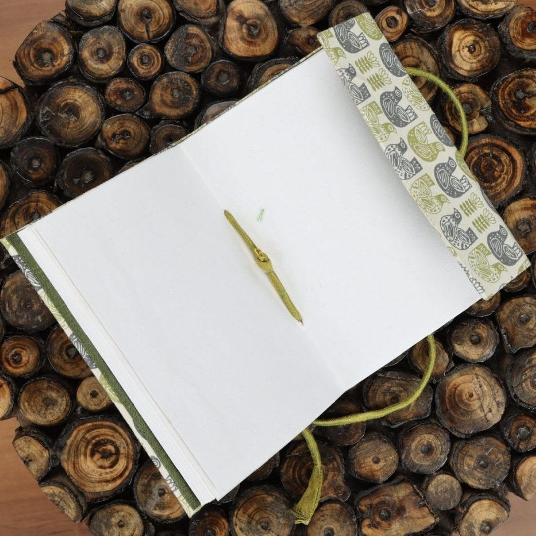 INDHA Handcrafted Recycled Paper Diary Hand Block Printed Bird And Flower Design Motif Off-White Cotton Handcrafted Recycled Paper Diary |