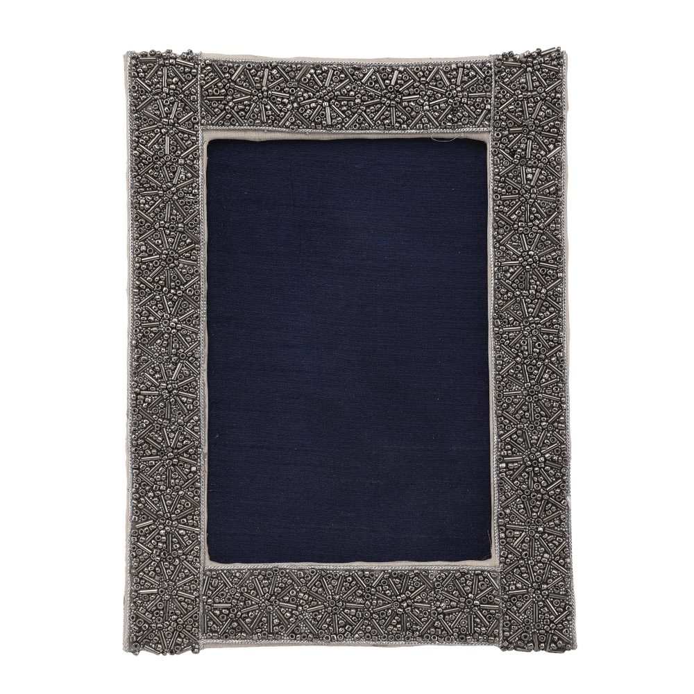 Indha Handcrafted Wooden Photo Frame | Unique Design Photo Frame | Picture Frame | Decorative Photo Frame | Silver Glass Beads Photo Frame | Zardozi Work Embroidery