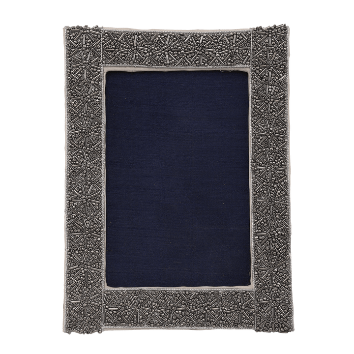 Indha Handcrafted Wooden Photo Frame | Unique Design Photo Frame | Picture Frame | Decorative Photo Frame | Silver Glass Beads Photo Frame | Zardozi Work Embroidery