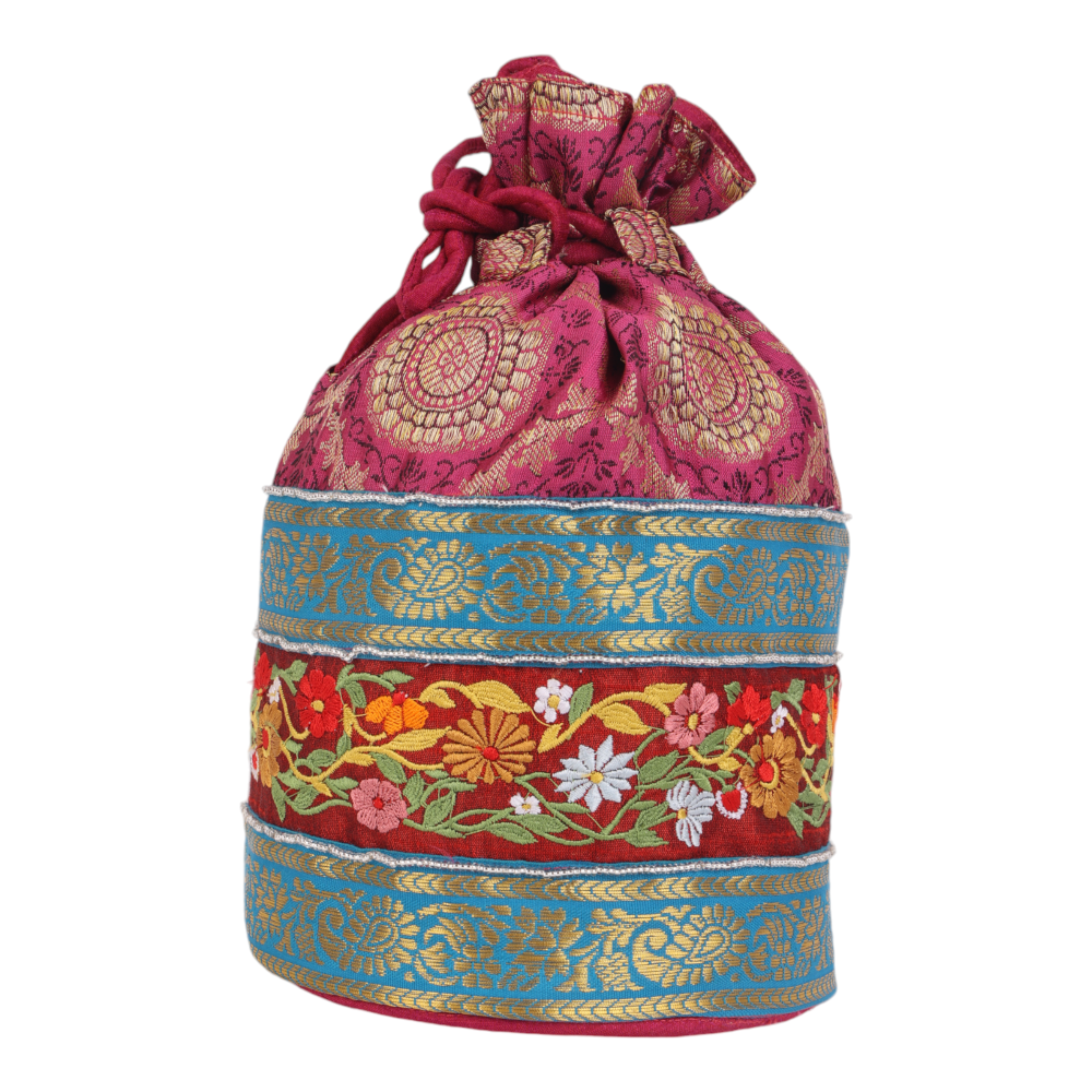 Indha Pink Brocade Potli with Exquisite Kolkata Embroidery and Lace Border – A Stunning Handcrafted Accessory for Weddings, Festivals, and Special Occasions