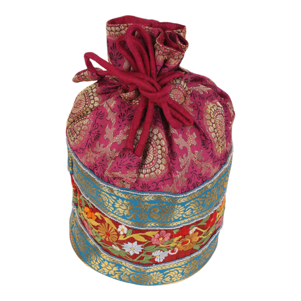 Indha Pink Brocade Potli with Exquisite Kolkata Embroidery and Lace Border – A Stunning Handcrafted Accessory for Weddings, Festivals, and Special Occasions