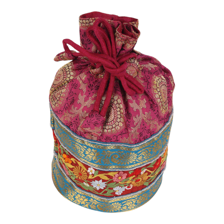 Indha Pink Brocade Potli with Exquisite Kolkata Embroidery and Lace Border – A Stunning Handcrafted Accessory for Weddings, Festivals, and Special Occasions