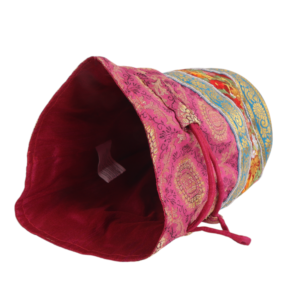 Indha Pink Brocade Potli with Exquisite Kolkata Embroidery and Lace Border – A Stunning Handcrafted Accessory for Weddings, Festivals, and Special Occasions
