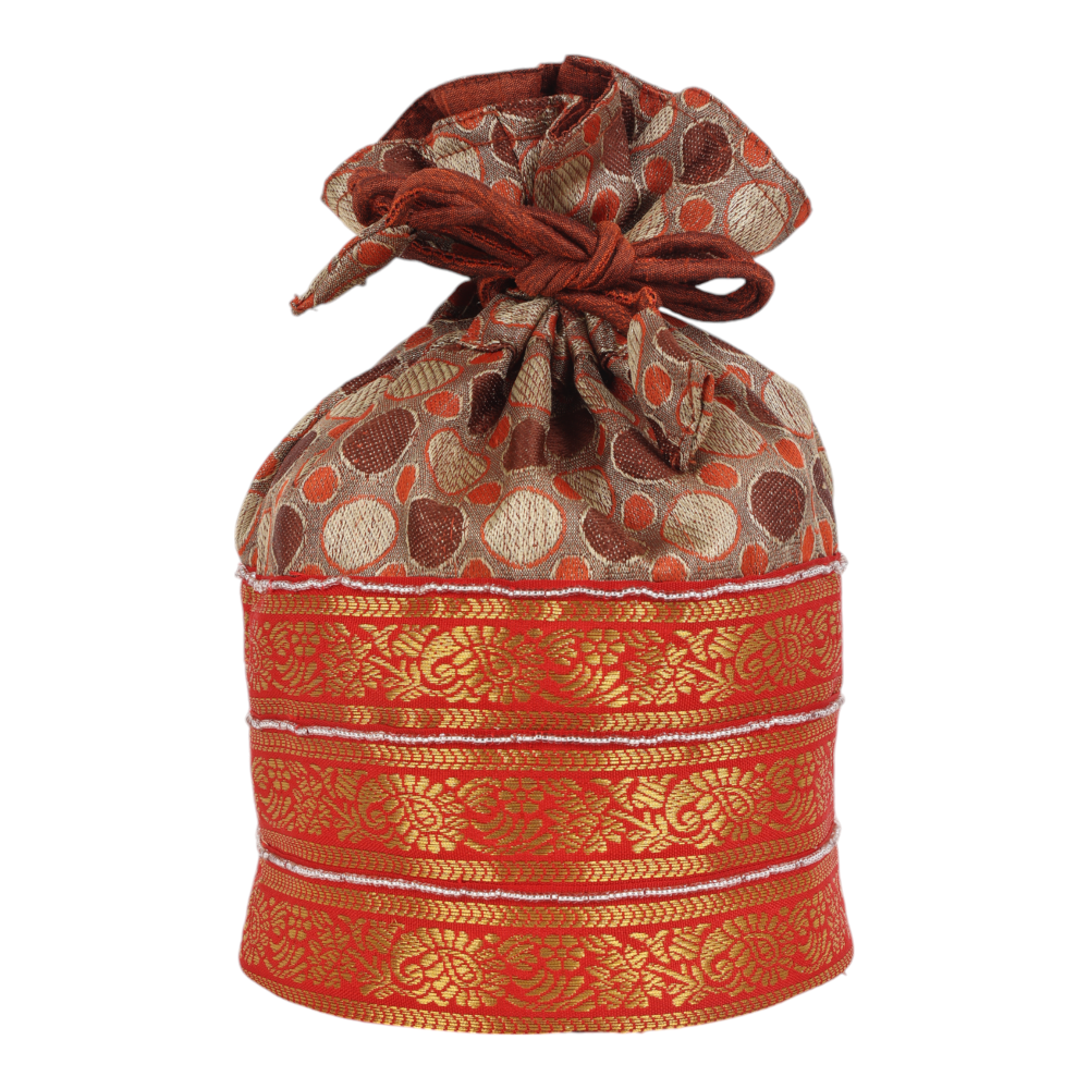 Indha Regal Brocade Silk Potli with Intricate Zari Border – A Luxurious Handcrafted Accessory for Weddings, Festivals, and Special Occasions.