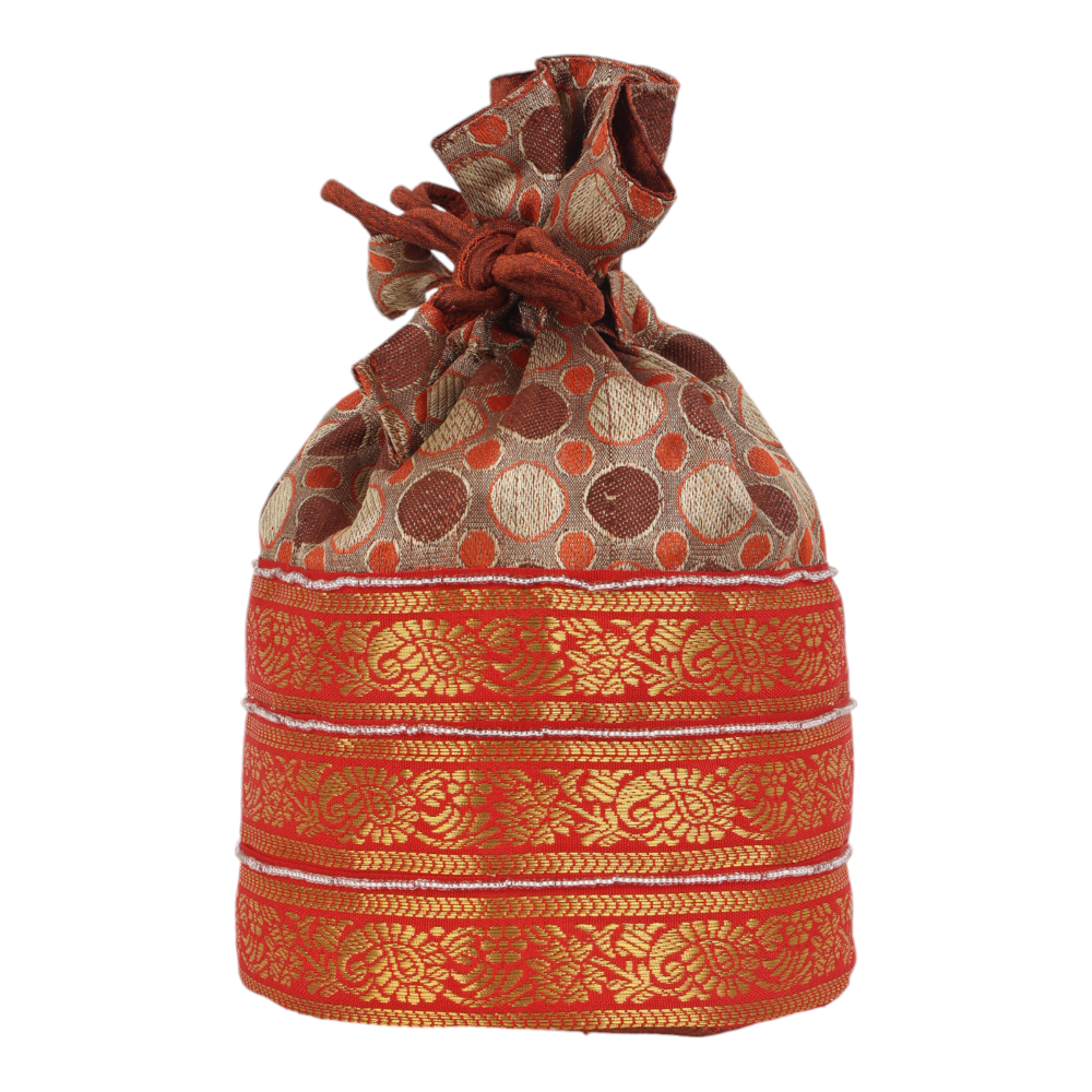 Indha Regal Brocade Silk Potli with Intricate Zari Border – A Luxurious Handcrafted Accessory for Weddings, Festivals, and Special Occasions.