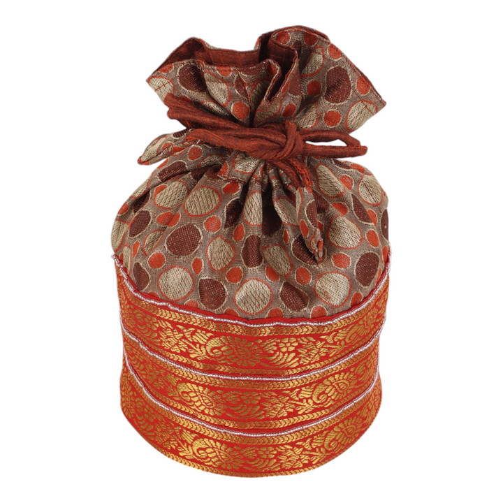 Indha Regal Brocade Silk Potli with Intricate Zari Border – A Luxurious Handcrafted Accessory for Weddings, Festivals, and Special Occasions.