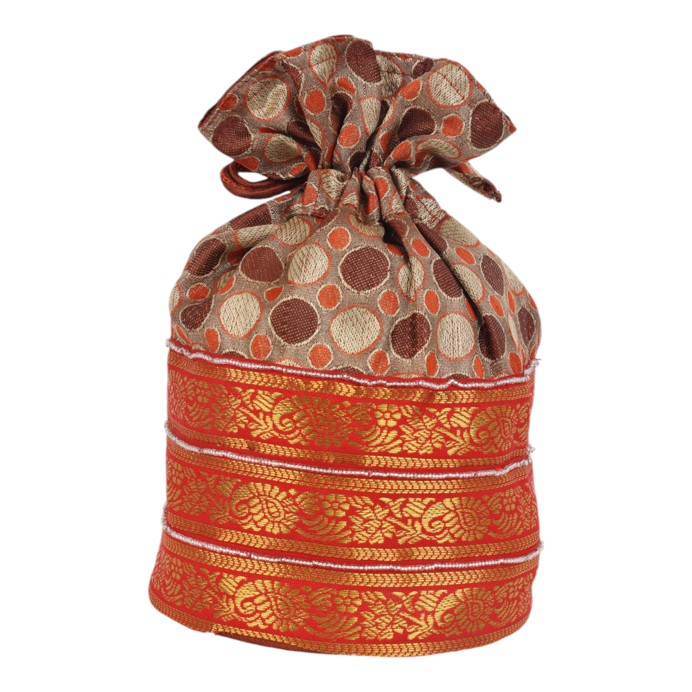 Indha Regal Brocade Silk Potli with Intricate Zari Border – A Luxurious Handcrafted Accessory for Weddings, Festivals, and Special Occasions.