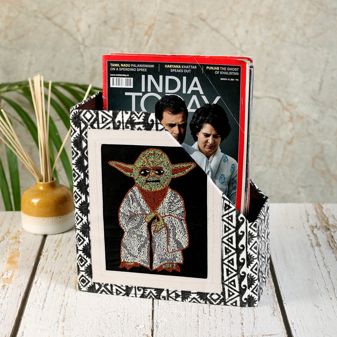 INDHA Black & White Magazine Holder with Hand Embroidered Impression Of Yoda | Corporate Gifting | Home Utility | Handmade