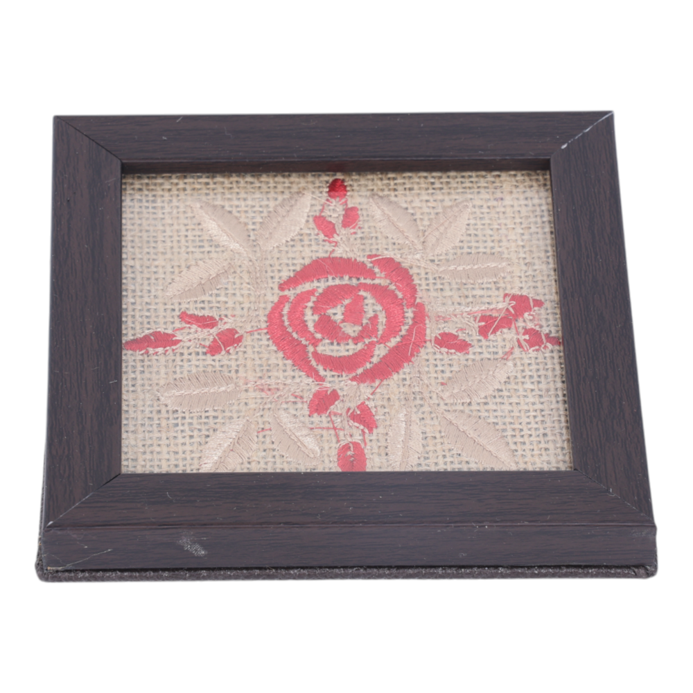 Indha Embroidered Rose Design Glass Coasters – Set of 2 with Jute, Presented in a Handcrafted Gift Box | Corporate Gifting | Table Décor | Artistic Gift