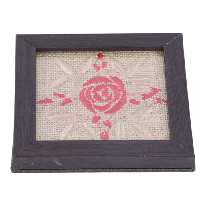 Indha Embroidered Rose Design Glass Coasters – Set of 2 with Jute, Presented in a Handcrafted Gift Box | Corporate Gifting | Table Décor | Artistic Gift