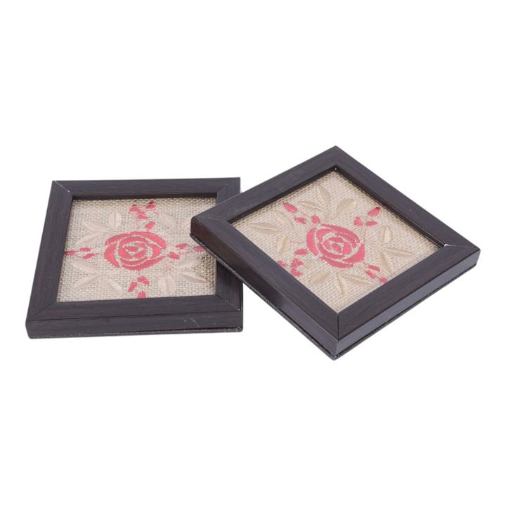Indha Embroidered Rose Design Glass Coasters – Set of 2 with Jute, Presented in a Handcrafted Gift Box | Corporate Gifting | Table Décor | Artistic Gift
