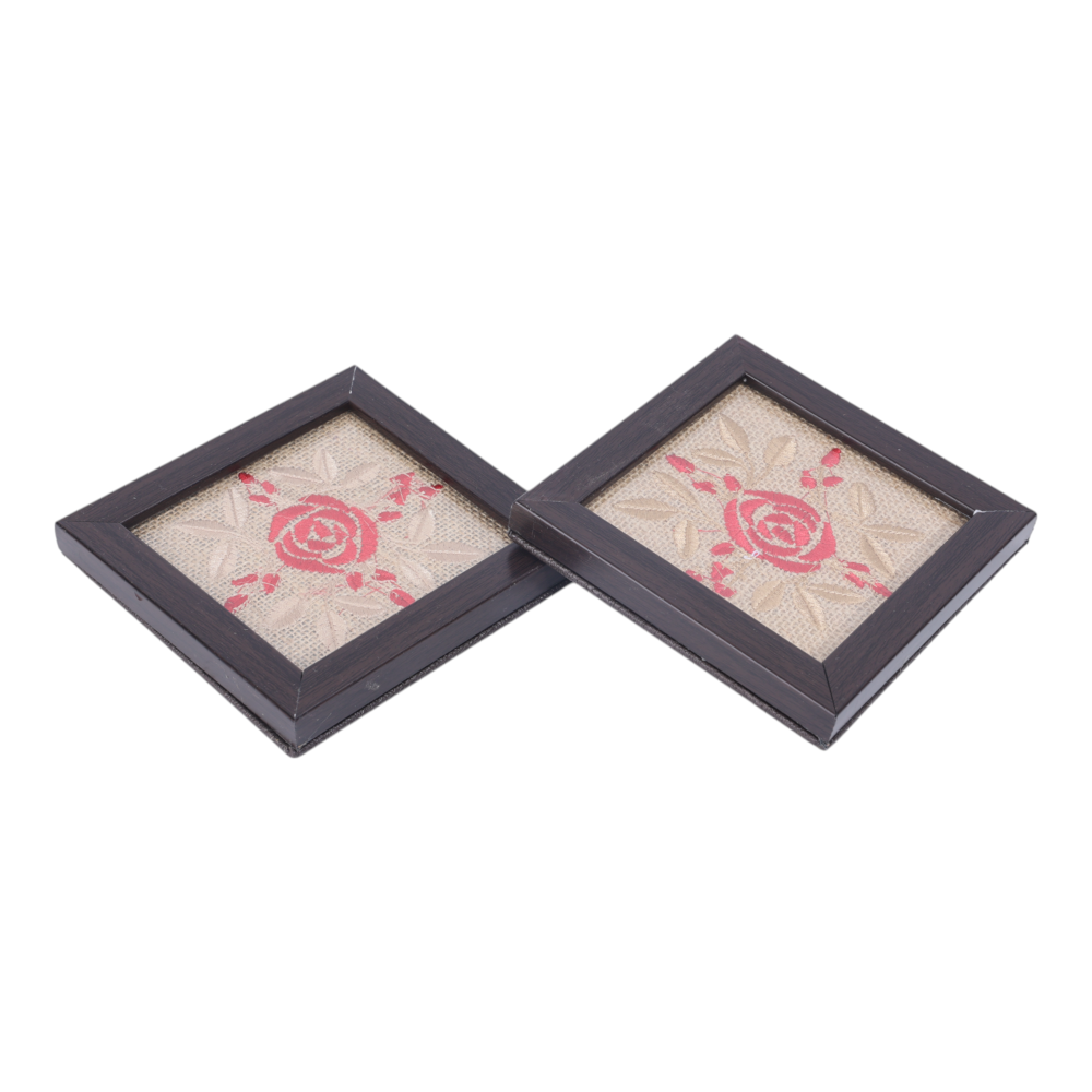 Indha Embroidered Rose Design Glass Coasters – Set of 2 with Jute, Presented in a Handcrafted Gift Box | Corporate Gifting | Table Décor | Artistic Gift