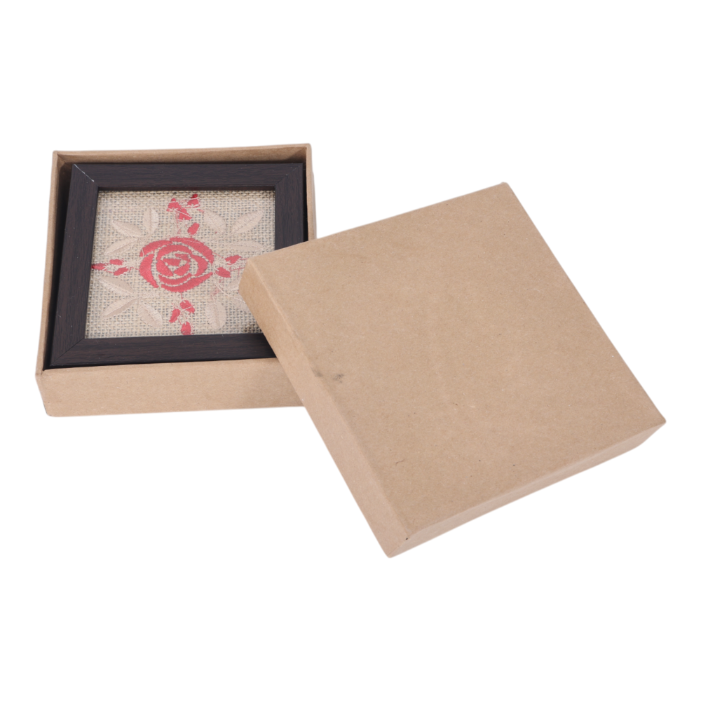 Indha Embroidered Rose Design Glass Coasters – Set of 2 with Jute, Presented in a Handcrafted Gift Box | Corporate Gifting | Table Décor | Artistic Gift