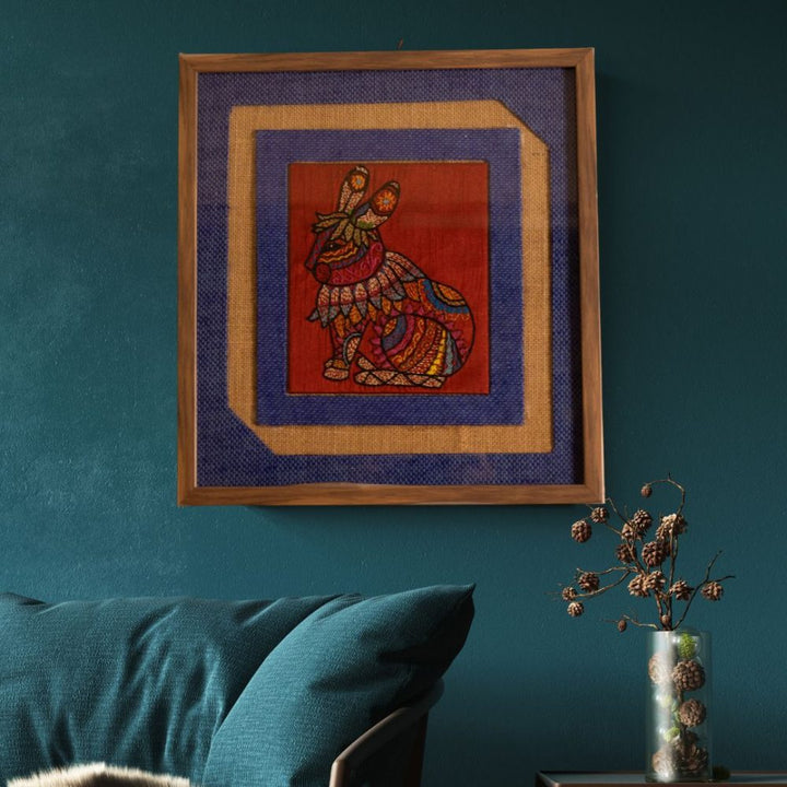 INDHA Handcrafted Wooden Framed Wall Décor | Natural And Blue Jute Wall Décor | Reprocessed Wood Wooden Frame | Maroon Dupion Silk |