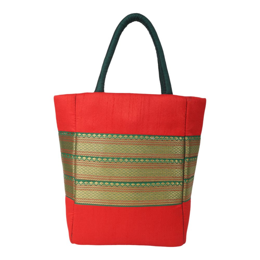 Indha Red Dupion Silk Gift Bag with Lace Patch – A Stylish and Versatile Bag for Gifting and Everyday Elegance