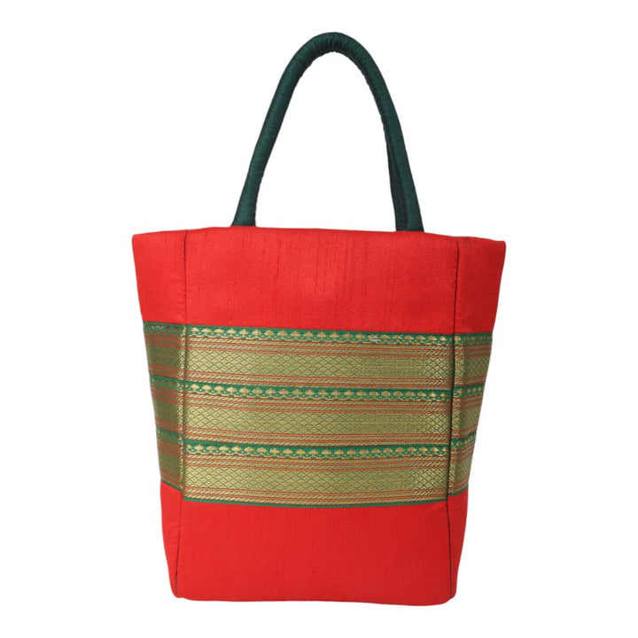 Indha Red Dupion Silk Gift Bag with Lace Patch – A Stylish and Versatile Bag for Gifting and Everyday Elegance