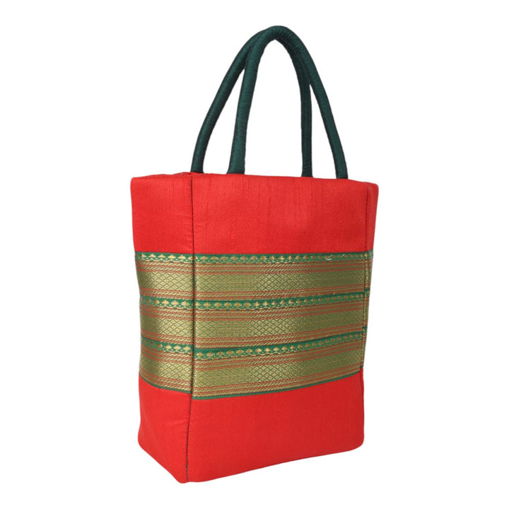 Indha Red Dupion Silk Gift Bag with Lace Patch – A Stylish and Versatile Bag for Gifting and Everyday Elegance