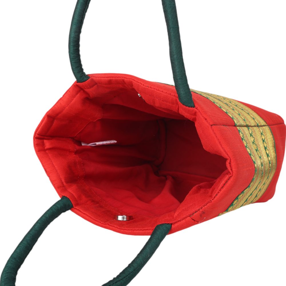 Indha Red Dupion Silk Gift Bag with Lace Patch – A Stylish and Versatile Bag for Gifting and Everyday Elegance