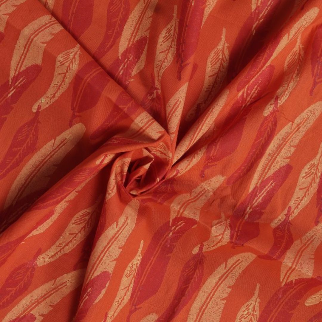 INDHA Red and Cream Feathers Block Printed on Orange Cotton Fabric