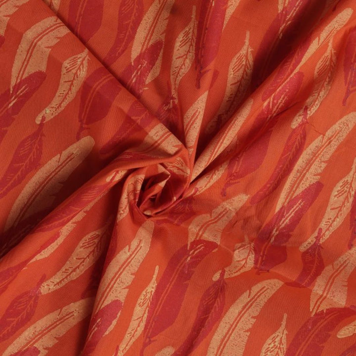 INDHA Red and Cream Feathers Block Printed on Orange Cotton Fabric