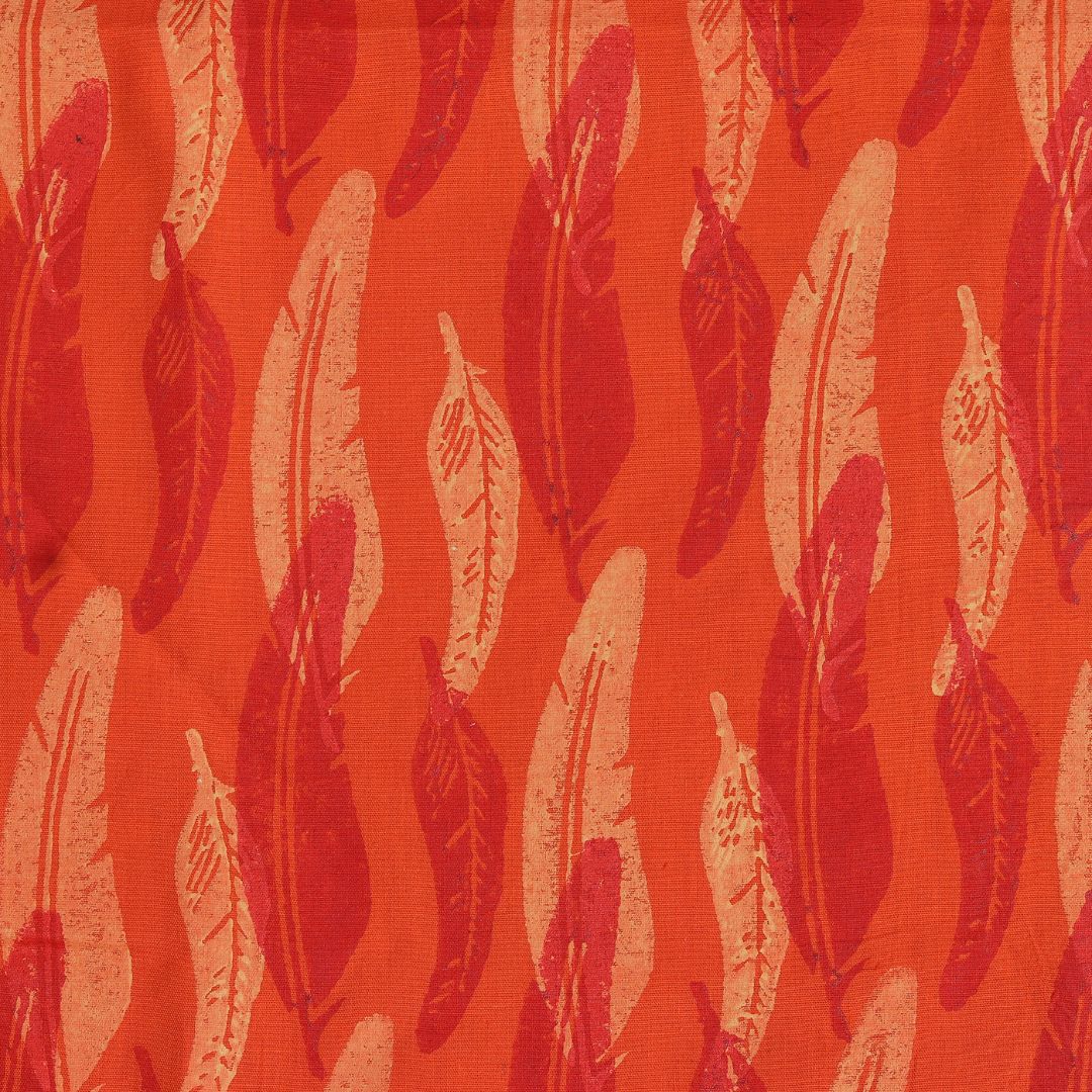 INDHA Red and Cream Feathers Block Printed on Orange Cotton Fabric