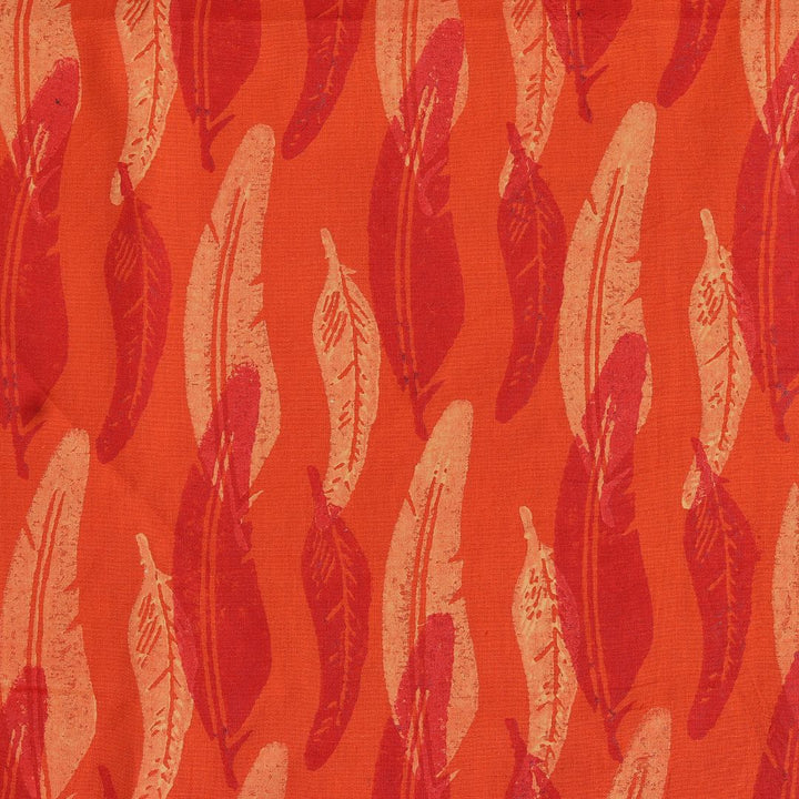 INDHA Red and Cream Feathers Block Printed on Orange Cotton Fabric