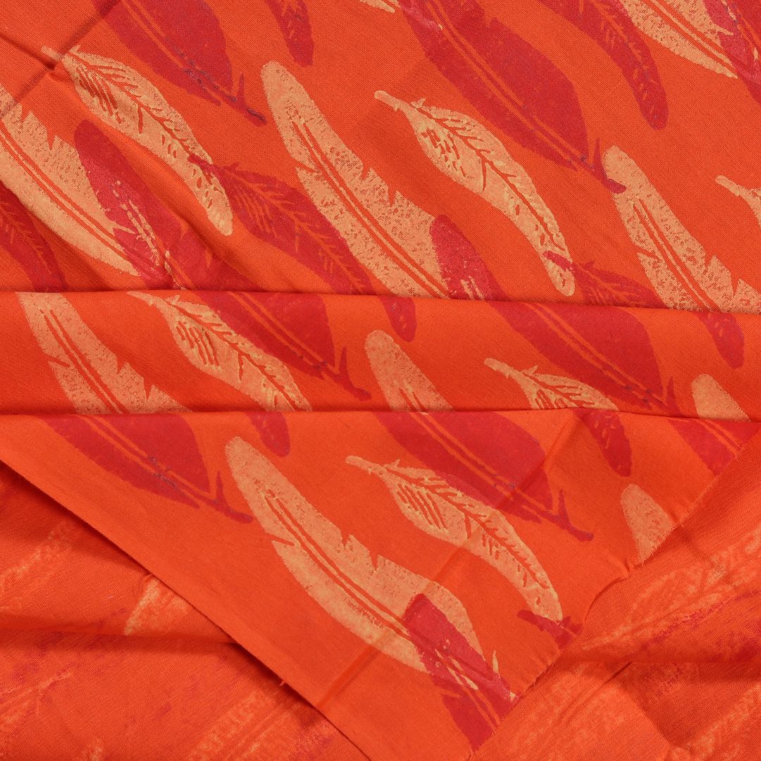 INDHA Red and Cream Feathers Block Printed on Orange Cotton Fabric