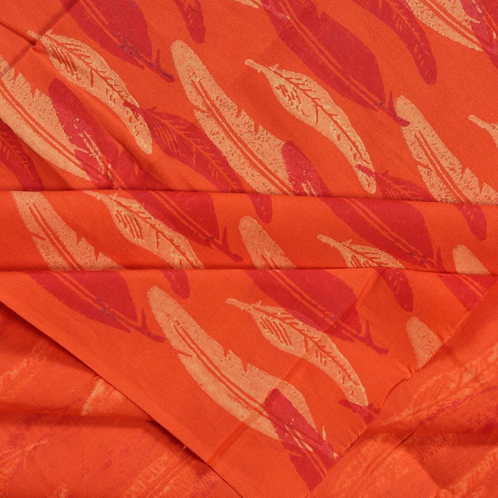 INDHA Red and Cream Feathers Block Printed on Orange Cotton Fabric
